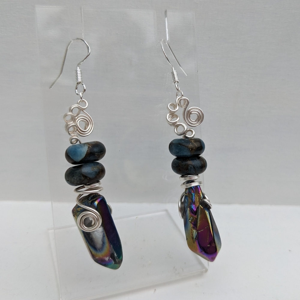 Quartz Crystals & Impression Jasper Silver Earrings Handmade Artisan Wrapped - Picture 6 of 10